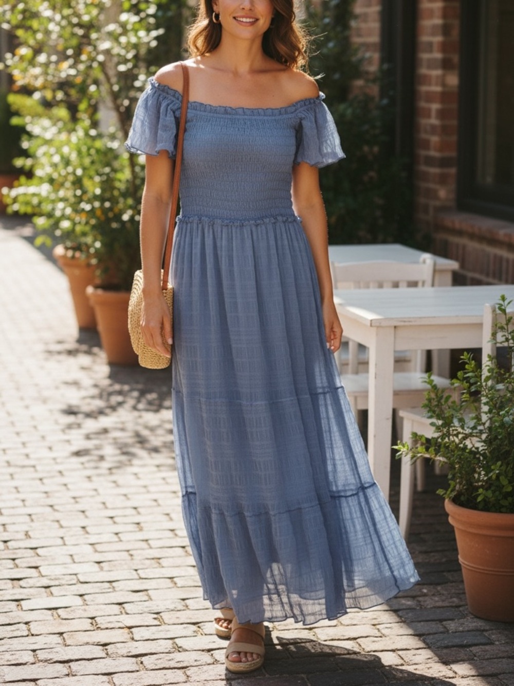 Max Studio Periwinkle Smocked Maxi Dress with Ruffled Cap Sleeves